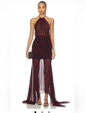 Ronny Kobo Collection Black and Red Polka-Dot High-Low Halter Dress